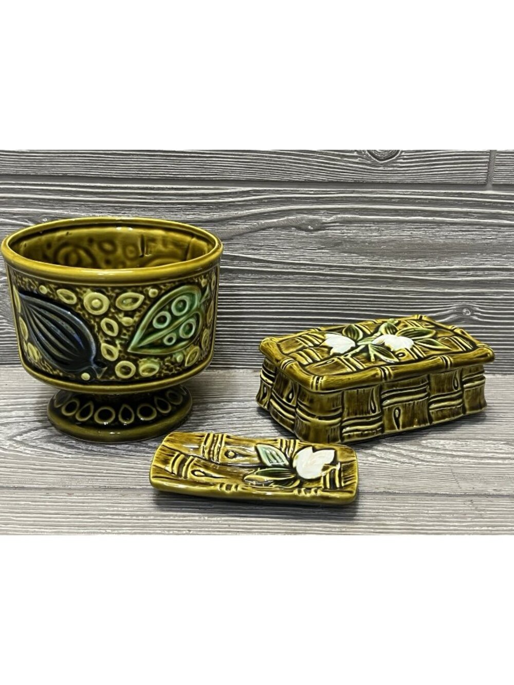 Vintage 1970s Avocado Green Footed Vase Trinket Box & Tray Ceramic Japan